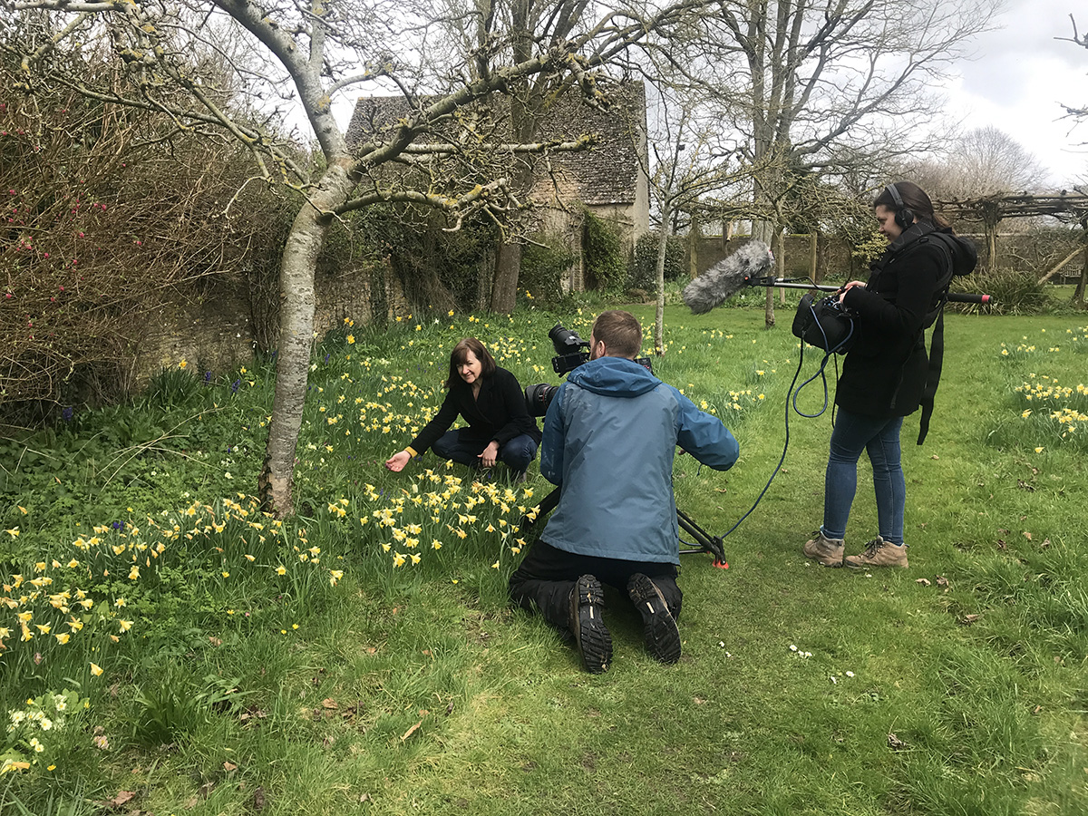 BBC TV filming Kati Crome at Kelmscott Manor for EM Garden story